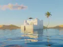 Surreal beeld van een wit gebouw met palmboom in water, omringd door woestijnduinen.