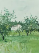 Schilderij van een wit huisje omgeven door groene bomen.