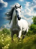 Wit paard galopperend onder blauwe lucht