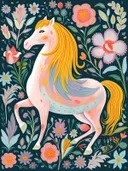 Folk-art illustratie van een wit paard met gele manen tussen bloemen op donkerblauwe achtergrond.