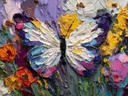 Schilderij van een wit-paarse vlinder tussen paarse en gele bloemen