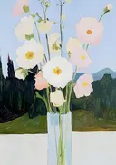 Schilderij van witte anemonen in een glazen vaas