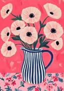 Schilderij van witte anemonen in een gestreepte kan