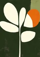 Minimalistisch schilderij van een witte bloem met oranje accent