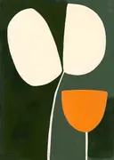 Minimalistisch schilderij van een witte bloem met oranje kelk