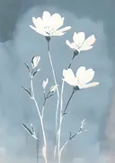 Schilderij van witte bloemen op blauwe achtergrond