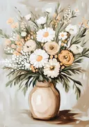 Schilderij van een boeket madeliefjes en rozen
