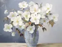 Stilleven schilderij van witte bloemen in een blauwe vaas