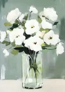 Losse witte bloemen in glazen vaas, schilderij van witte bloemen in een glazen vaas
