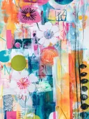 Mixed-media schilderij met witte bloemen met roze meeldraden op een kleurrijke abstracte achtergrond