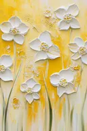 Witte bloemen op geel in reliëf, botanisch schilderij