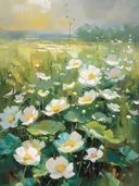 Schilderij van een witte bloemenweide in gouden licht