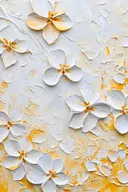 Witte bloesems met gele hartjes en reliëf-effect op goudbeige achtergrond