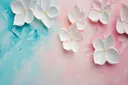 Witte bloesems tegen een teal-naar-roze kleurverloop
