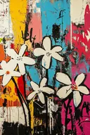 Schilderij van kleine witte bloesems op een gestreepte kleurrijke achtergrond