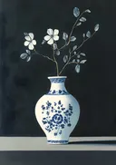 Schilderij van witte bloesemtakken in een blauw-witte vaas