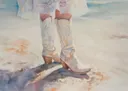 Aquarel close-up van witte cowboylaarzen op een zandstrand