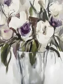 Bloemenschilderij van witte en paarse rozen in een vaas