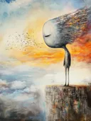 Wit figuur met gerafeld hoofd dat boven een gelaagde ruïnestad staat bij een oranje zonsondergang met vogels