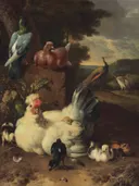 Witte hen met kuikens, duiven en pauwen naast een stenen muur in een landschap, jaren 1660 van Melchior d'Hondecoeter: dieren met kip, kuikens, duiven en pauw, in warm bruin en wit