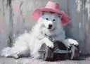Schilderij van een witte pluizige hond met roze cowboyhoed leunend op een halter