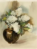 Aquarel van witte hortensia's in een bruine vaas