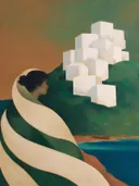 Schilderij van witte huizen aan de kust in denneblauw en klei