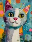 Schilderij van een witte en grijze kat met gele ogen en een roze neus tegen een turquoise achtergrond met gekleurde stippen