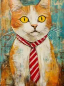 Schilderij van een wit-oranje kat met een rood-witte gestreepte stropdas en gele ogen tegen een turquoise en oranje achtergrond