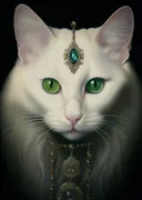 Witte kat schilderij met gouden sieraad en groene ogen, dierenportret