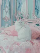 Witte pluizige kat op een roze bed