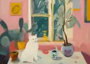 Schilderij van een witte kat tussen cactussen en planten voor een raam in een roze kamer