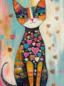 Witte kat vol gekleurde hartjes, popart schilderij