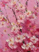 Schilderij van witte kersenbloesem op een magenta achtergrond