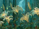 Schilderij van gloeiende witte lelies in een maanverlicht bos