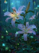 Schilderij van witte lelies met rode meeldraden in een mystiek bos