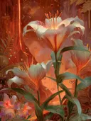 Schilderij van witte lelies in een vurig verlichte grot