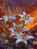 Schilderij van witte lelies onder een sterrenhemel met vurige gloed