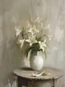Botanisch schilderij van witte lelies in een vaas op een houten tafel