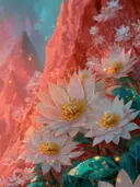 Schilderij van witte lotusbloemen bij rode kristallen bergen