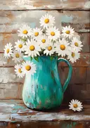 Schilderij van witte madeliefjes in een turquoise kan