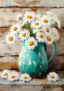 Schilderij van een boeket witte madeliefjes in een turquoise kan
