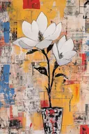 Schilderij van witte magnoliabloemen in een pot op gele collage-achtergrond