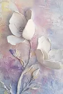 Twee witte magnoliabloemen met reliëf-effect op pastelkleurige achtergrond