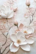 Witte magnoliabloesems aan een tak met reliëf-textuur op pastelroze achtergrond