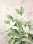 Botanisch schilderij van witte magnoliabloesem tussen groene bladeren.