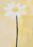 Schilderij van een witte margriet op gele achtergrond