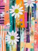 Schilderij met witte margrieten met gele kern op een gestreepte turkoois, oranje en roze achtergrond