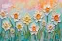 Witte narcissen met oranje hart in reliëf op teal achtergrond