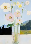 Schilderij van witte papavers in een glazen vaas
